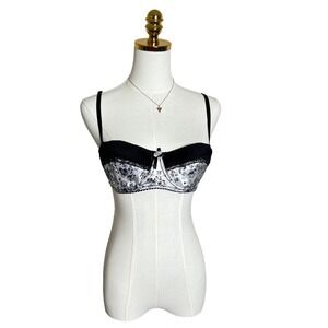 Marilyn Monroe Intimates Silver Floral Satin Balconette Bra Black Lace 36B